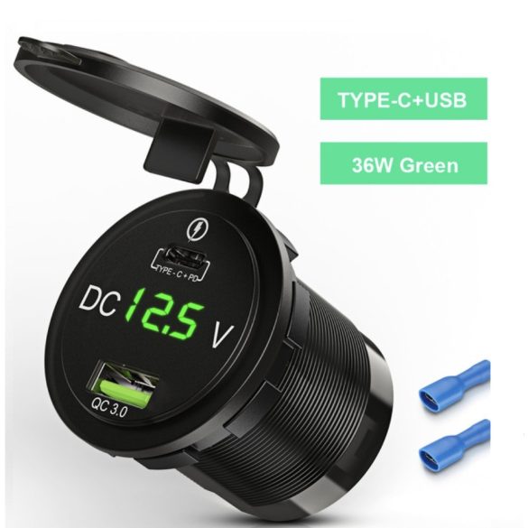 Autós Dual USB töltőaljzat, 12V - 24V gyorstöltés, 4,2 A, LED voltmérővel