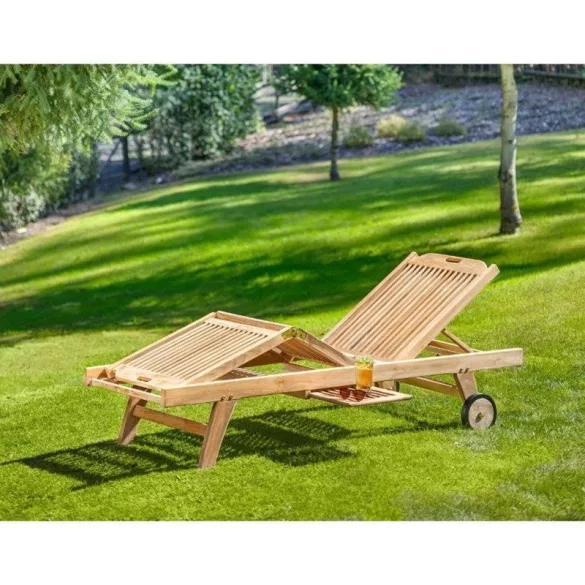 Napozóágy, Gentle, barna, 200 x 65 x 35 cm, tömör teakfa, 6 fokozatban állítható háttámla, 3 fokozatban állítható lábrész, kihúzható oldalasztallal, kerekekkel, időjárásálló