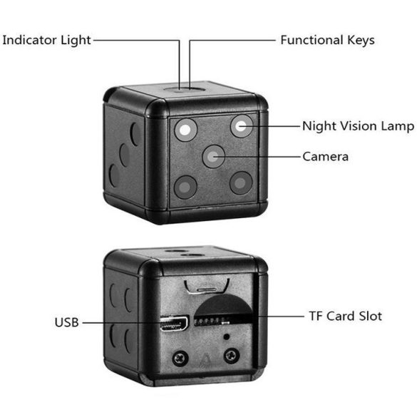 Mini HD kamera, dobókocka forma, 1080P felbontás, SQ16, fehér