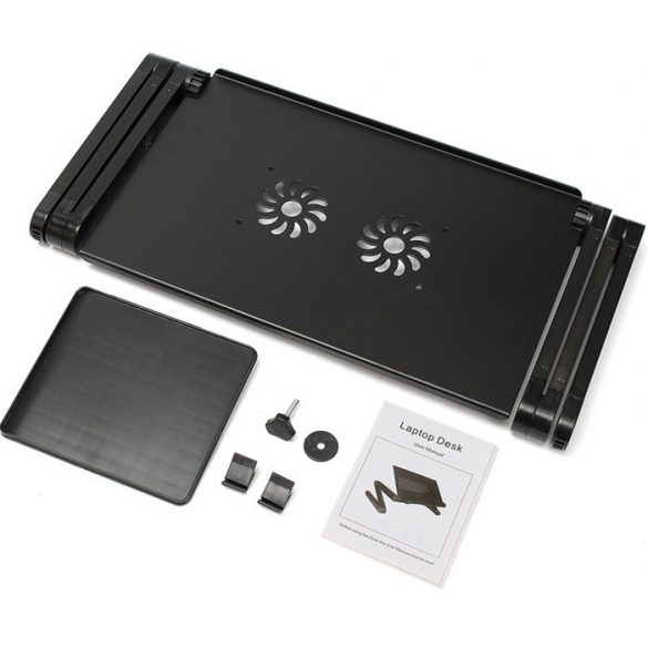 Univerzális laptoptartó, maximum 17" laptopokhoz, multifunkciós, több ponton állítható, dupla hűtőventilátorral, egértartó tálcával, fekete