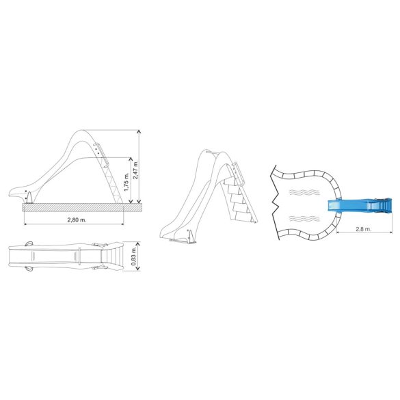 Medence csúszda, egyenes, lépcsős kivitel, 1,75 m, vízköpős nedvesítés, csúszásmentes lépcsők, alumínium fogantyúk, UV-álló üvegszálas kivitel