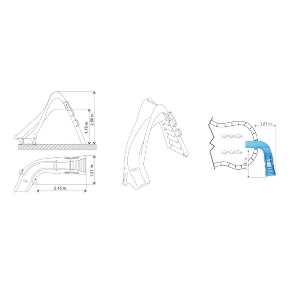 Medence csúszda, balos, lépcsős kivitel, 1,75 m, vízköpős nedvesítés, csúszásmentes lépcsők, alumínium fogantyúk, UV-álló üvegszálas kivitel