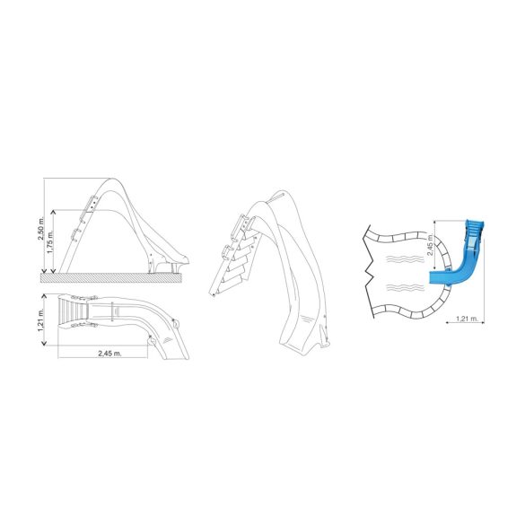 Medence csúszda, jobbos, lépcsős kivitel, 1,75 m, vízköpős nedvesítés, csúszásmentes lépcsők, alumínium fogantyúk, UV-álló üvegszálas kivitel