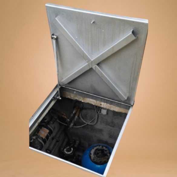 Aknafedlap, 600 x 600 mm, teleszkópos, AISI 304 rozsdamentes acél, burkolható, 65 mm tálcamélység