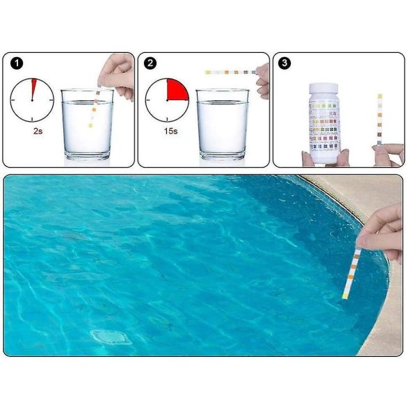 Vízelemző, tesztcsíkos, pH / Klór / Bróm / TA / TH / TC / CYA szint méréséhez, 50 db tesztcsík