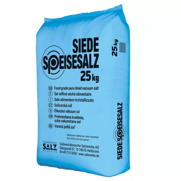 Vákuumsó, 25 kg/zsák, nagy tisztaságú, 99,9% nátrium-klorid, egyenletes szemcseméret, tapadásgátlóval