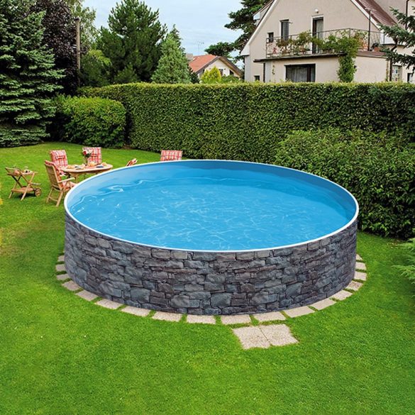 Azuro round Stone fémpalástos medence, szűrő nélkül, kő minta, D400 x 120 cm, szürke