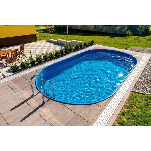 Ibiza oval földbe süllyesztett ovális fémpalástos medence, P1/P3 perem, 320 x 525 x 120 cm, kék