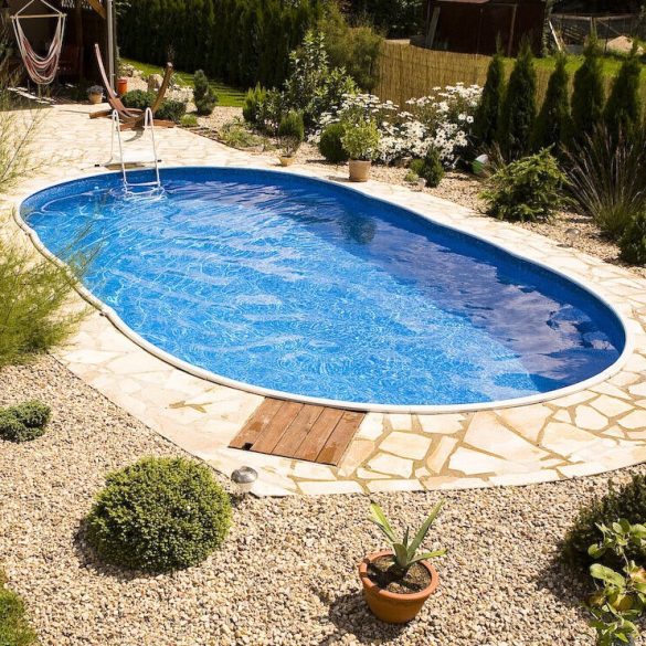 Ibiza oval földbe süllyesztett ovális fémpalástos medence, P1/P3 perem, 350 x 700 x 150 cm, homok
