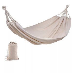 Kétszemélyes függőágy, 200 × 150 cm, bézs színben, 150 kg teherbírással, 65% gyapjú és 35% poliészter anyagból, tárolózsákkal, kültéri és beltéri használatra