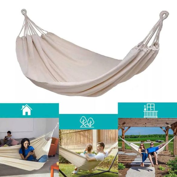 Kétszemélyes függőágy, 200 × 150 cm, bézs színben, 150 kg teherbírással, 65% gyapjú és 35% poliészter anyagból, tárolózsákkal, kültéri és beltéri használatra