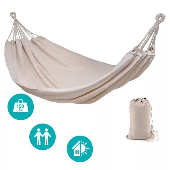 Kétszemélyes függőágy, 200 × 150 cm, bézs színben, 150 kg teherbírással, 65% gyapjú és 35% poliészter anyagból, tárolózsákkal, kültéri és beltéri használatra