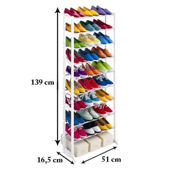 10 soros cipőtároló - fehér,139 x 16,5 x 51 cm, műanyag és fém