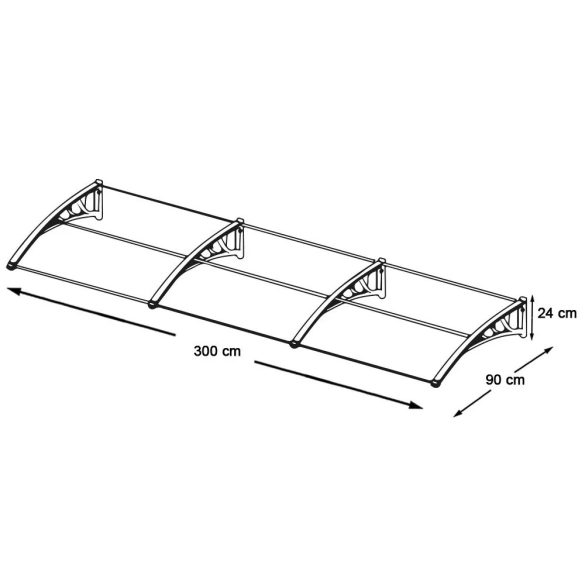 Műanyag előtető, 300 × 90 cm, fekete, polikarbonát tetőlappal és UV-álló polipropilén vázzal