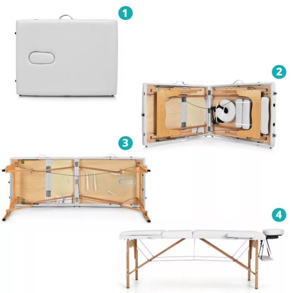 Masszázságy, 3 zónás, 183 x 58 cm, összecsukható, hordozható, fa váz, vízálló PVC borítás, állítható magasság 62–84 cm, levehető fejtámla és karfák, hordozótáskával, max. 150 kg teherbírás