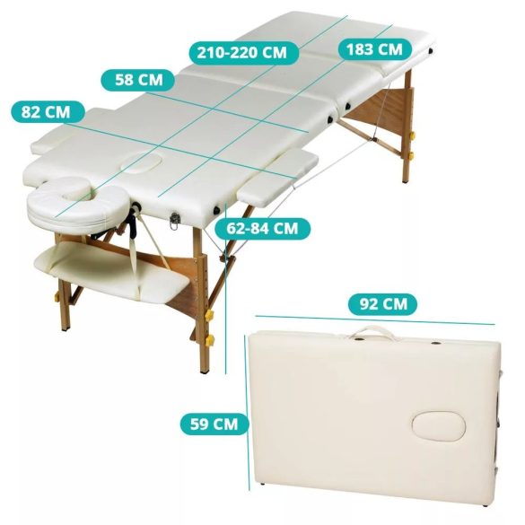 Masszázságy, 3 zónás, 183 x 58 cm, összecsukható, hordozható, fa váz, vízálló PVC borítás, állítható magasság 62–84 cm, levehető fejtámla és karfák, hordozótáskával, max. 150 kg teherbírás