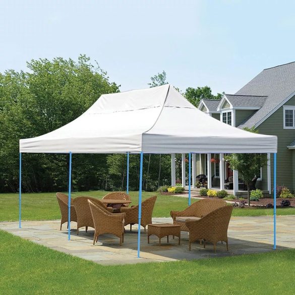 Összecsukható kerti pavilon, 2,9 × 5,7 m, fehér színben, fém vázzal, PVC és oxford anyagból, 3,5 m teljes magassággal, hordtáskával, stabil és könnyen felállítható szerkezettel, kültéri használatra