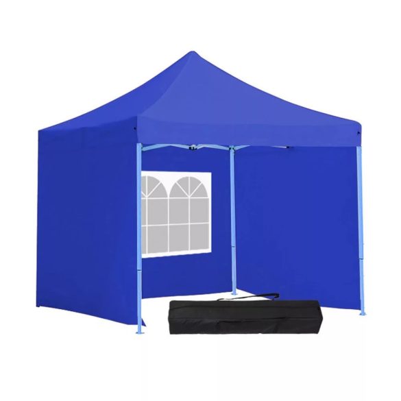 Összecsukható kerti pavilon, 2,9 × 2,9 m, kék színben, oldalfalakkal és hordtáskával, fém vázzal, PVC és oxford anyagból, 3,2 m teljes magassággal, stabil és könnyen felállítható szerkezettel, kültéri használatra