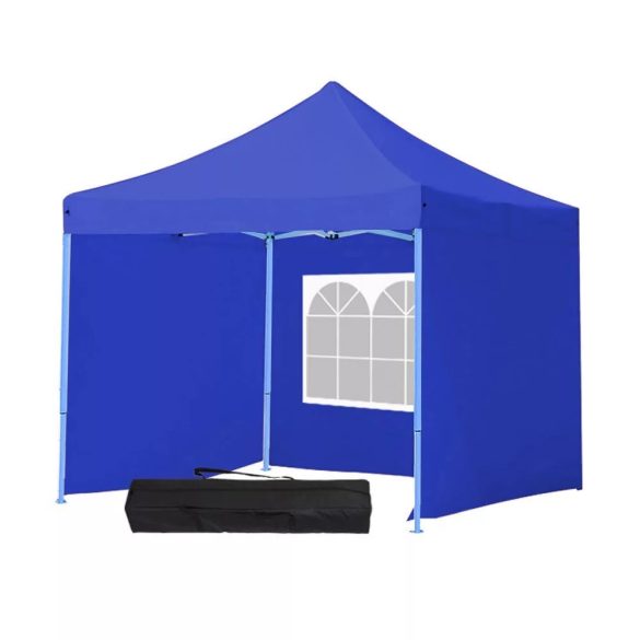 Összecsukható kerti pavilon, 2,9 × 2,9 m, kék színben, oldalfalakkal és hordtáskával, fém vázzal, PVC és oxford anyagból, 3,2 m teljes magassággal, stabil és könnyen felállítható szerkezettel, kültéri használatra