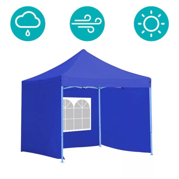 Összecsukható kerti pavilon, 2,9 × 2,9 m, kék színben, oldalfalakkal és hordtáskával, fém vázzal, PVC és oxford anyagból, 3,2 m teljes magassággal, stabil és könnyen felállítható szerkezettel, kültéri használatra