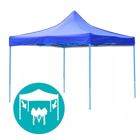 Összecsukható kerti pavilon, 2,9 × 2,9 m, kék színben, oldalfalakkal és hordtáskával, fém vázzal, PVC és oxford anyagból, 3,2 m teljes magassággal, stabil és könnyen felállítható szerkezettel, kültéri használatra