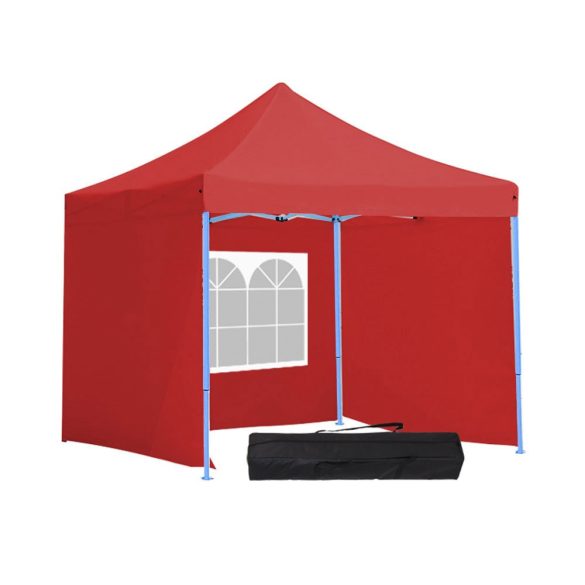 Összecsukható kerti pavilon, 2,9 × 2,9 m, piros színben, oldalfalakkal és hordtáskával, fém vázzal, PVC és oxford anyagból, 3,2 m teljes magassággal, stabil és könnyen felállítható szerkezettel, kültéri használatra