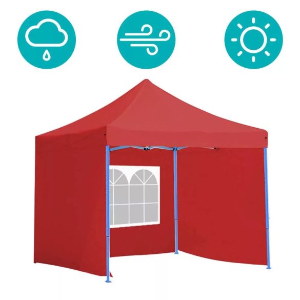 Összecsukható kerti pavilon, 2,9 × 2,9 m, piros színben, oldalfalakkal és hordtáskával, fém vázzal, PVC és oxford anyagból, 3,2 m teljes magassággal, stabil és könnyen felállítható szerkezettel, kültéri használatra