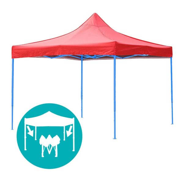 Összecsukható kerti pavilon, 2,9 × 2,9 m, piros színben, oldalfalakkal és hordtáskával, fém vázzal, PVC és oxford anyagból, 3,2 m teljes magassággal, stabil és könnyen felállítható szerkezettel, kültéri használatra