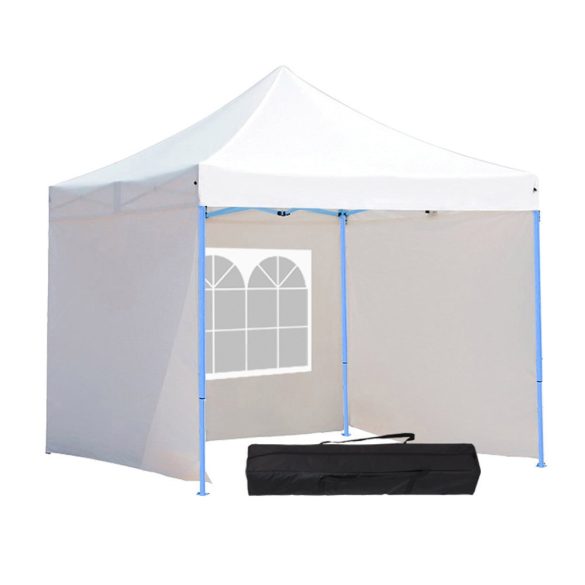 Összecsukható kerti pavilon, 2,9 × 2,9 m, fehér színben, oldalfalakkal és hordtáskával, fém vázzal, PVC és oxford anyagból, 3,2 m teljes magassággal, stabil és könnyen felállítható szerkezettel, kültéri használatra