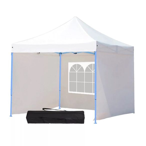 Összecsukható kerti pavilon, 2,9 × 2,9 m, fehér színben, oldalfalakkal és hordtáskával, fém vázzal, PVC és oxford anyagból, 3,2 m teljes magassággal, stabil és könnyen felállítható szerkezettel, kültéri használatra