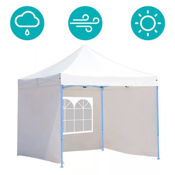 Összecsukható kerti pavilon, 2,9 × 2,9 m, fehér színben, oldalfalakkal és hordtáskával, fém vázzal, PVC és oxford anyagból, 3,2 m teljes magassággal, stabil és könnyen felállítható szerkezettel, kültéri használatra