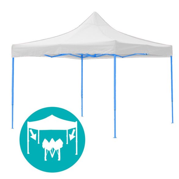 Összecsukható kerti pavilon, 2,9 × 2,9 m, fehér színben, oldalfalakkal és hordtáskával, fém vázzal, PVC és oxford anyagból, 3,2 m teljes magassággal, stabil és könnyen felállítható szerkezettel, kültéri használatra