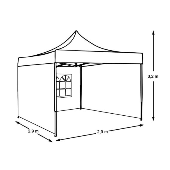 Összecsukható kerti pavilon, 2,9 × 2,9 m, fehér színben, oldalfalakkal és hordtáskával, fém vázzal, PVC és oxford anyagból, 3,2 m teljes magassággal, stabil és könnyen felállítható szerkezettel, kültéri használatra