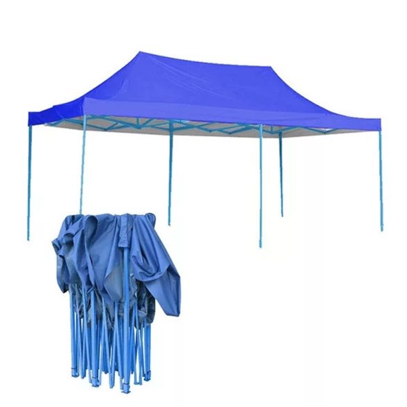 Összecsukható kerti pavilon, 2,9 × 5,7 m, kék színben, fém vázzal, PVC és oxford anyagból, max. 3,5 m magassággal, stabil és könnyen felállítható szerkezettel, kültéri használatra