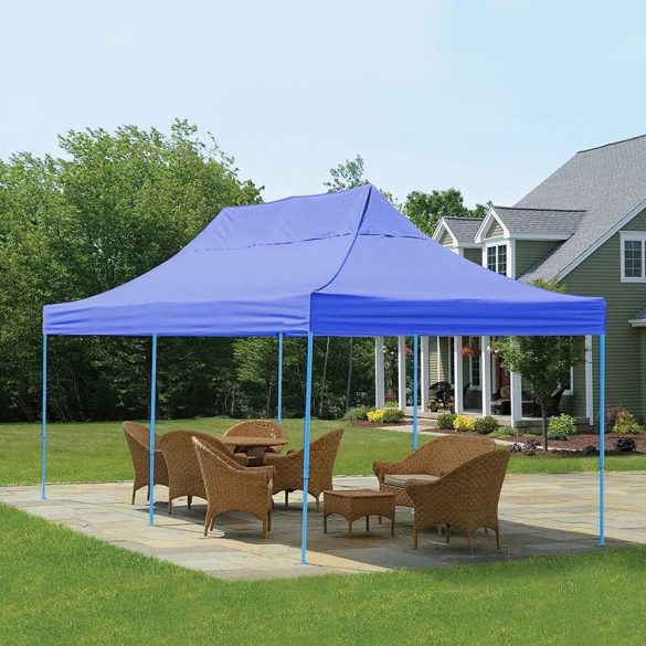 Összecsukható kerti pavilon, 2,9 × 5,7 m, kék színben, fém vázzal, PVC és oxford anyagból, max. 3,5 m magassággal, stabil és könnyen felállítható szerkezettel, kültéri használatra