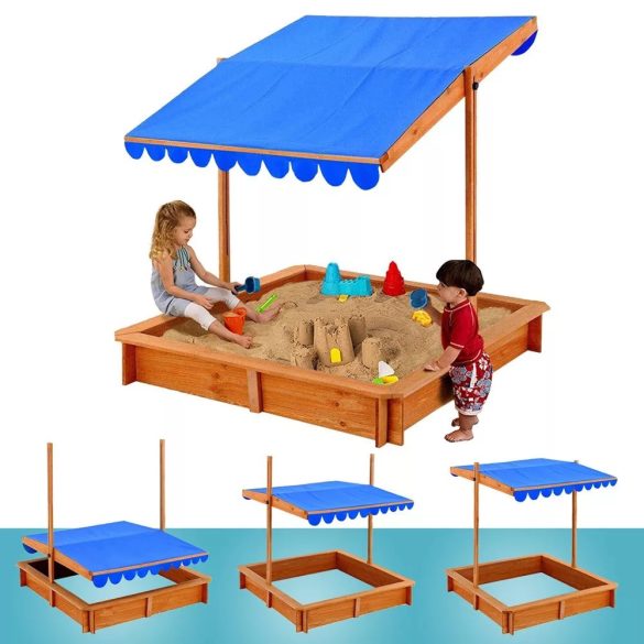 Homokozó, árnyékoló tetővel, állítható és leereszthető tető, fenyő, 4 oldali ülődeszkákkal, 80 kg teherbírás