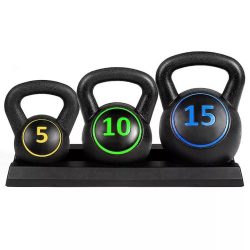   Kettlebell szett, 3 db-os, 2,3 / 4,5 / 6,7 kg, műanyag bevonatú cement súlyokkal, tároló tálcával