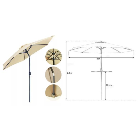 Napernyő, dönthető, nagy méretű, 270 x 225 cm, khaki, állítható dőlésszögű, talp nélkül, könnyű szerkezet