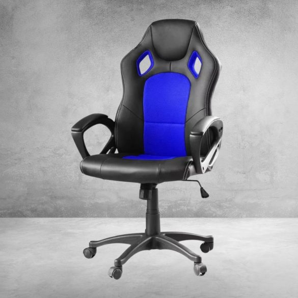 Basic gamer szék színes háttámlával, kék, ergonomikus kialakítás, állítható magasság, dönthető háttámla, 360°-os forgás, 120 kg teherbírás, műbőr és textil kárpitozás