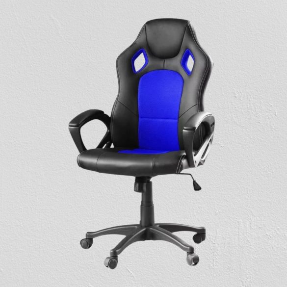Basic gamer szék színes háttámlával, kék, ergonomikus kialakítás, állítható magasság, dönthető háttámla, 360°-os forgás, 120 kg teherbírás, műbőr és textil kárpitozás