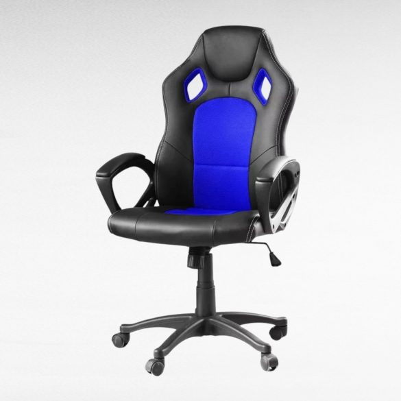 Basic gamer szék színes háttámlával, kék, ergonomikus kialakítás, állítható magasság, dönthető háttámla, 360°-os forgás, 120 kg teherbírás, műbőr és textil kárpitozás