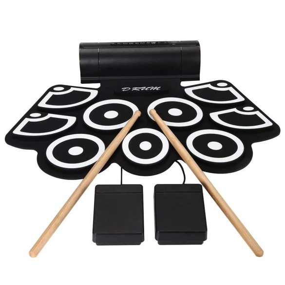 Elektromos dobfelszerelés, 29 × 47 cm, fa dobverőkkel és pedálokkal, állítható hangerővel és tempóval, fülhallgató-csatlakozóval
