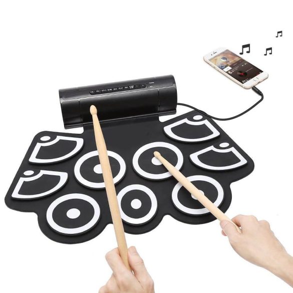 Elektromos dobfelszerelés, 29 × 47 cm, fa dobverőkkel és pedálokkal, állítható hangerővel és tempóval, fülhallgató-csatlakozóval