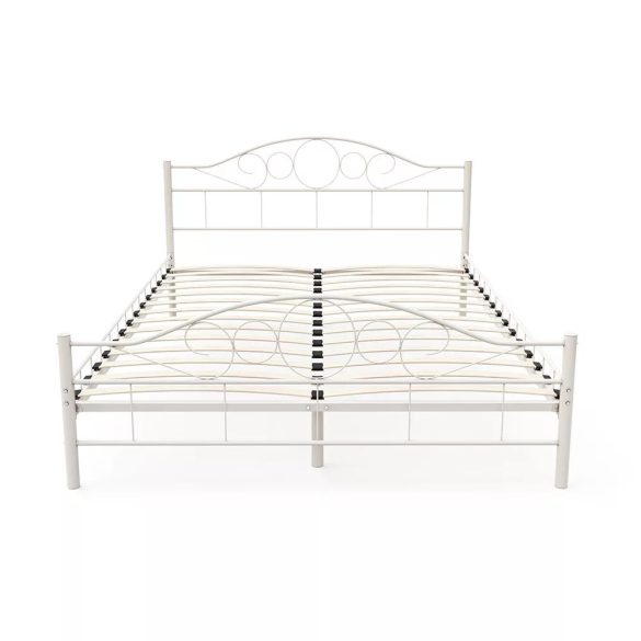 Mimi fém ágykeret ajándék fa ágyráccsal, 160 x 200 cm, fehér, formatervezett fej- és lábtámlával, középső merevítéssel, könnyen összeszerelhető