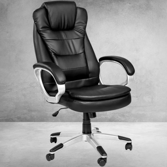 RELAX főnöki forgószék, ergonomikus típus, 52 × 50 cm, fekete, műbőr kárpitozás, állítható magasság, fém vázas, görgős