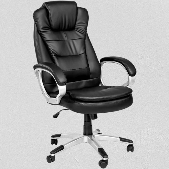 RELAX főnöki forgószék, ergonomikus típus, 52 × 50 cm, fekete, műbőr kárpitozás, állítható magasság, fém vázas, görgős