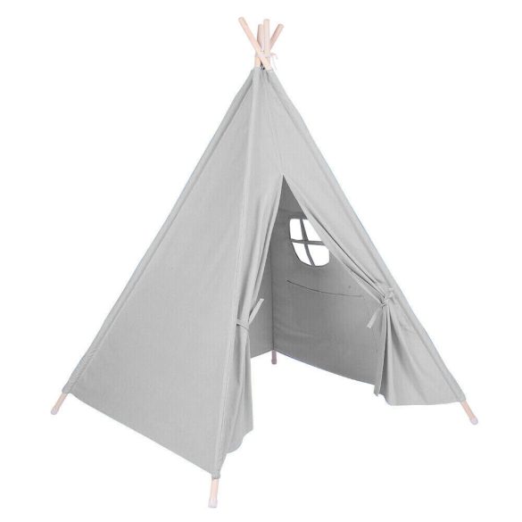 Indián sátor gyerekeknek, szürke, fa rudakkal, beltéri és kültéri használatra