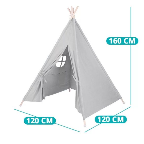 Indián sátor gyerekeknek, szürke, fa rudakkal, beltéri és kültéri használatra