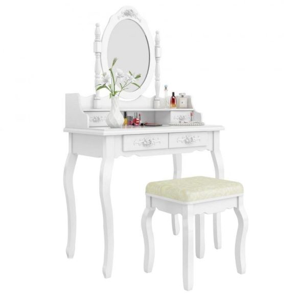 Fésülködő asztal, tükörrel, székkel, 4 db fiók, 138.5 x 75 x 40 cm, Rome, fehér