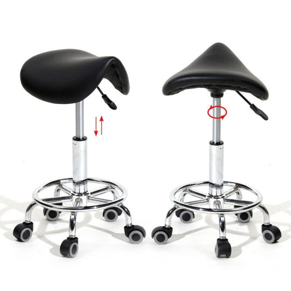 Kozmetikai szék, fekete, nyereg formájú, gurulós, 53–70 cm állítható magasság, 360°-ban forgatható, gázliftes, műbőr, 5 ágú láb